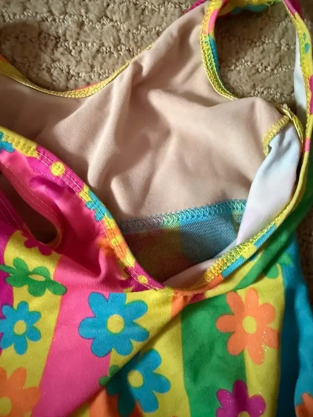 90s Vintage Girls Neon Rainbow Floral Striped One-Piece Swimsuit Size 3T